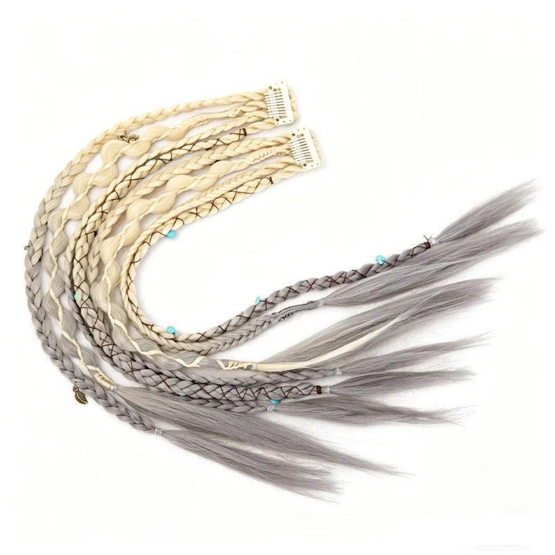 Bohemian Long Hair Braid Hand-Woven Wig Braid with Decorative Hair Accessories Easy-to-Wear Synthetic Hair Clip Braid synthetic