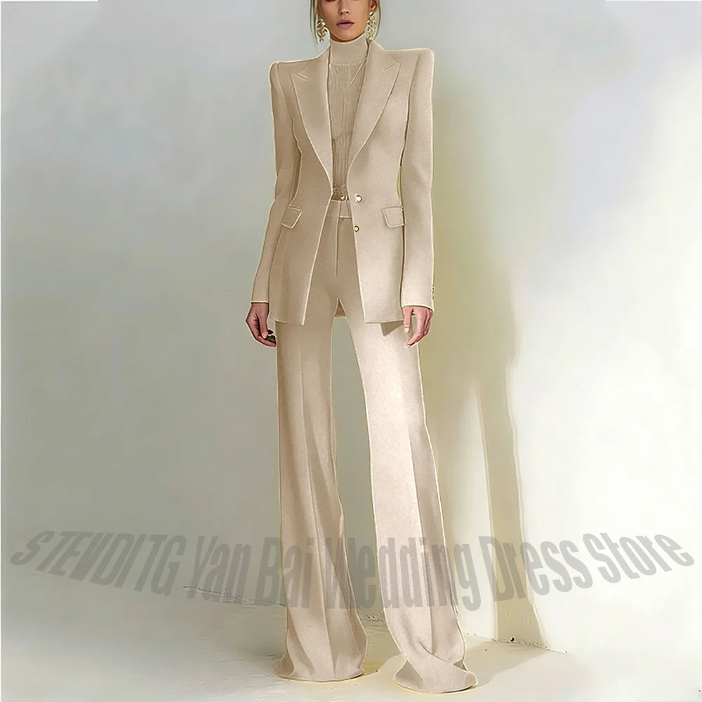Women's Pant Suit 2 Piece Set Office Female Business Work Formal Jacket Trouser One Button Chic Yellow Peaked Lapel Elegant Suit