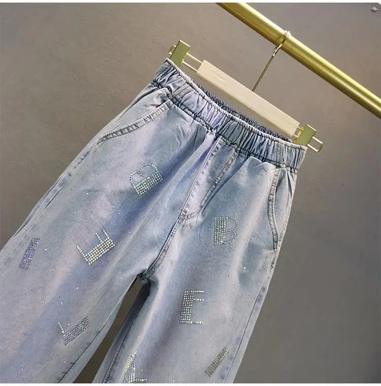 High-Waisted Jeans For Summer 2026 New Loose Elastic Waist Hot-Pressed Diamond Pants Women's Casual Denim Trousers