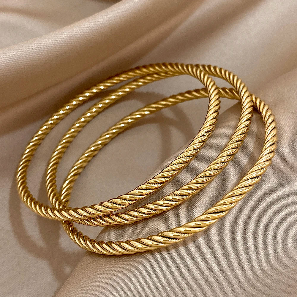 Lot 3 Bracelets Jonc Torsadés | Plaqué Or 18k Acier Inoxydable | Empilés Tendance | Bijou Femme Imperméable