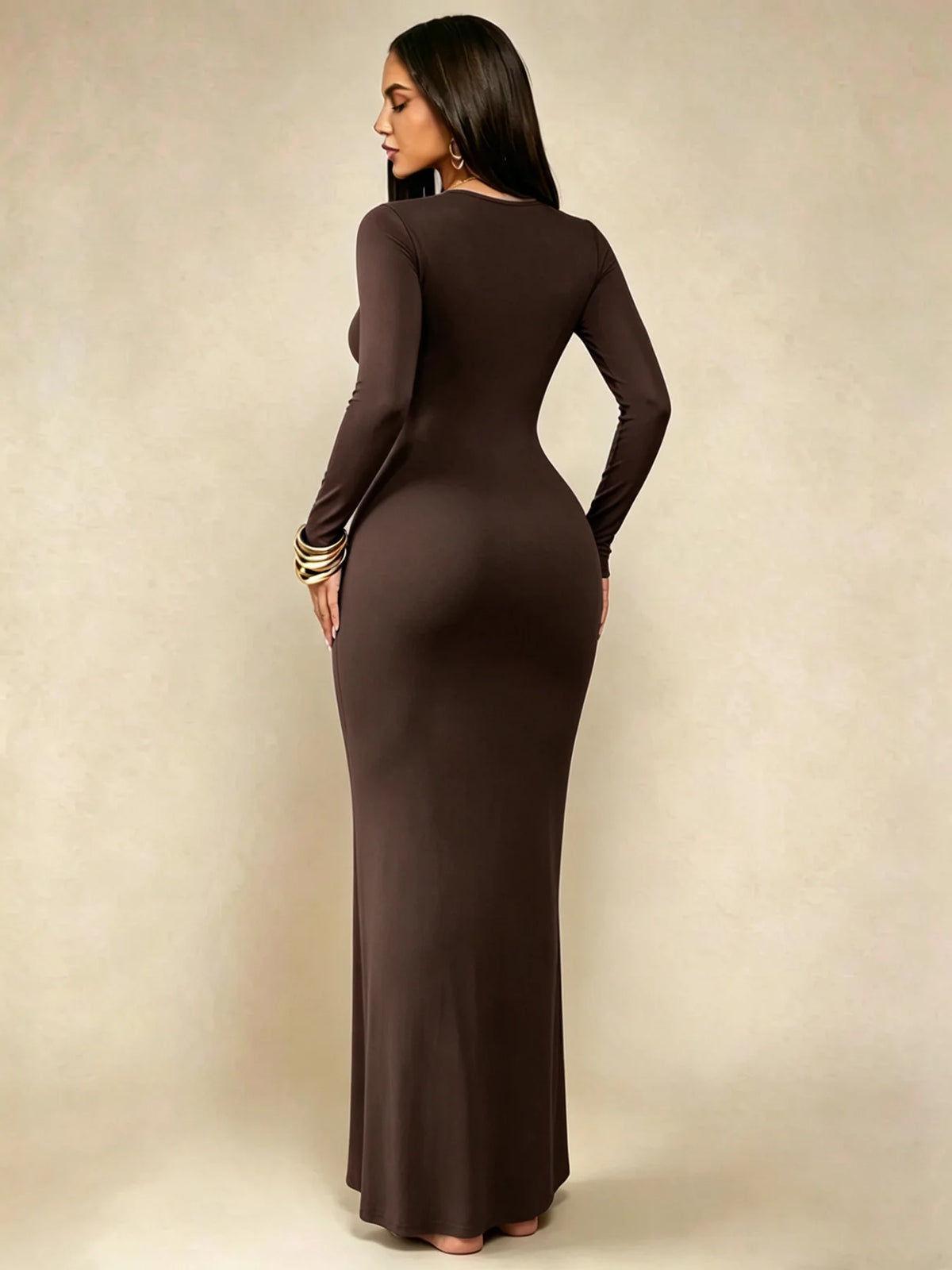 Women's Solid Long Sleeve Bodycon Dress, Chic Basic Minimalist Casual Fashion Scoop Neck Long Dress, Womenswear