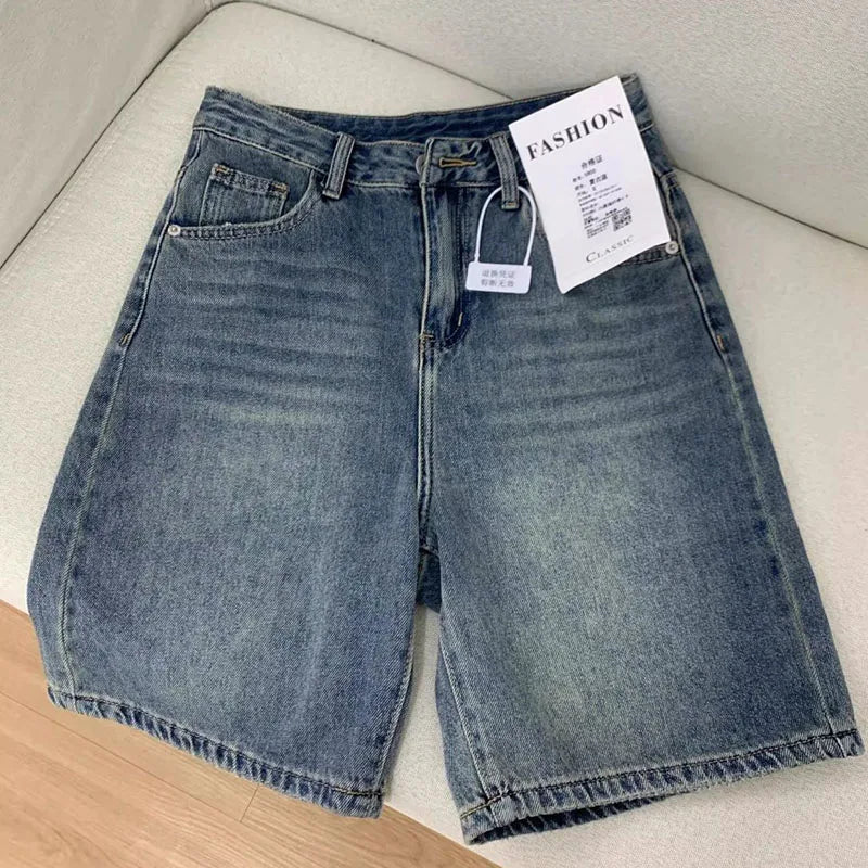 Short Jean Taille Haute Large Femme | Vintage Streetwear | Jambe Large Genou | Casual Été