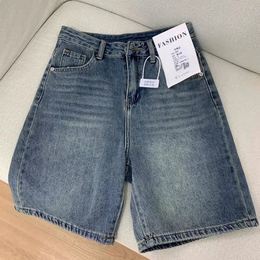 Short Jean Taille Haute Large Femme | Vintage Streetwear | Jambe Large Genou | Casual Été