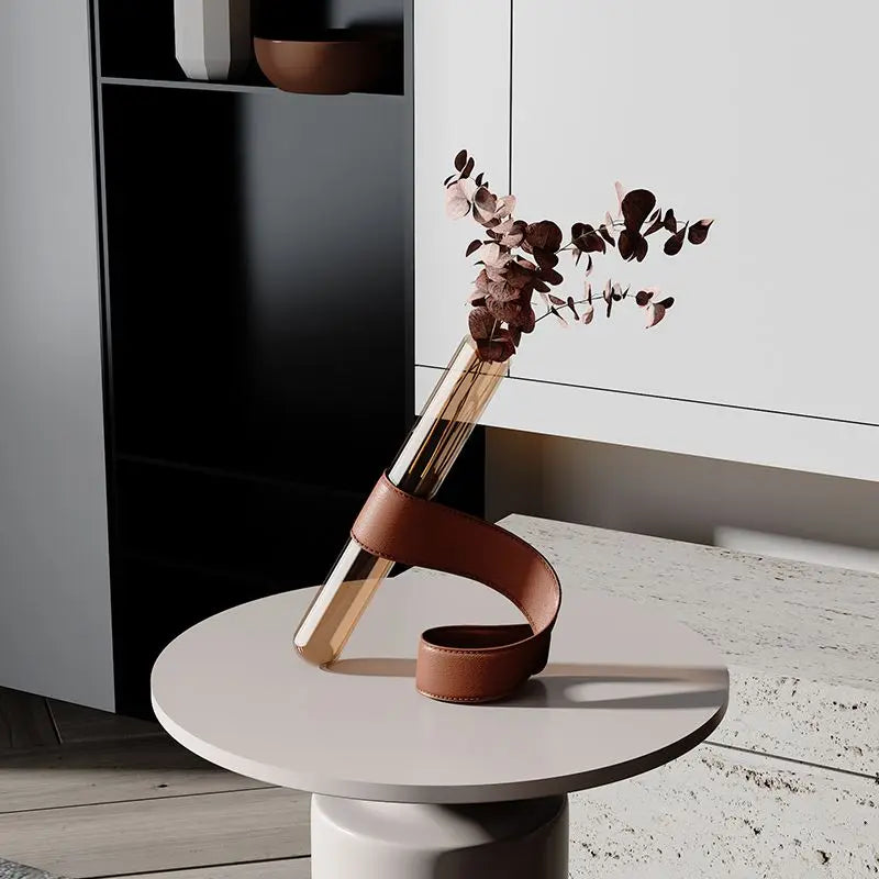 Vases Artistiques Nordiques Verre Tubulaire | Support Cuir Fait Main | Luxe & Décor Salon