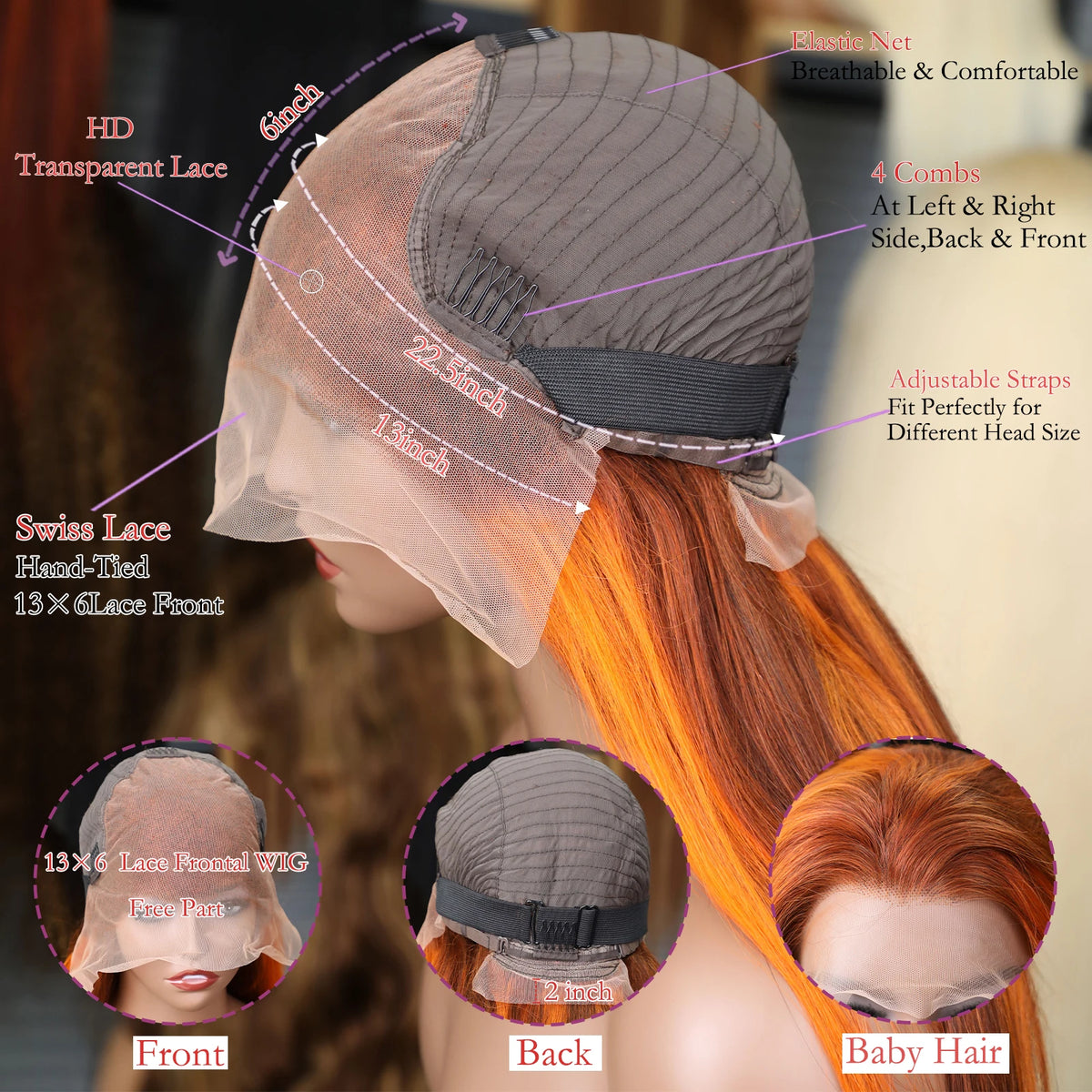 Perruque Lisse Highlight Ombre 4/350 | Gingembre Orange Brun | 13x6 & 13x4 Lace Front | Glueless | Cheveux Humains