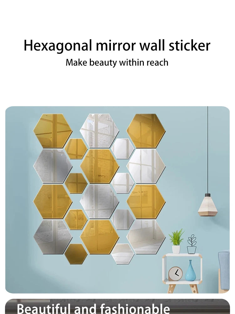 Hexagonal Mirror Wall Decals | Self-Adhesive 3D Acrylic Decorative Mirrors | Creative Wall Decals for Living Rooms and Bedrooms