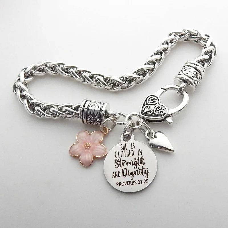 Flower Heart Bible Verse Charm Bracelet Antique Silver Plated Twisted Chain Bracelets Inspirational Christian Jewelry