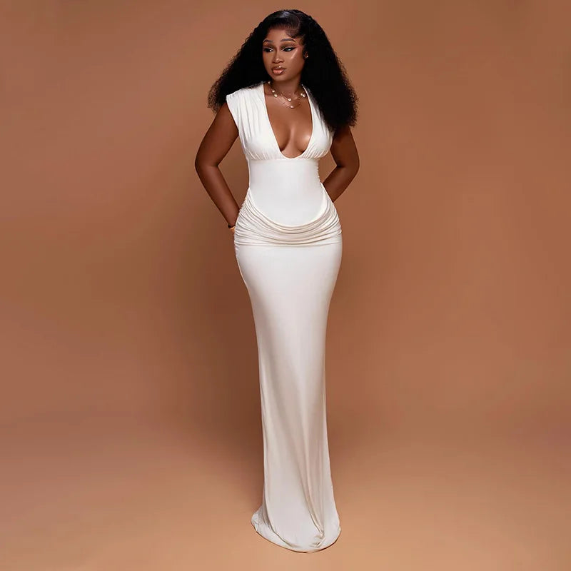 Robe Maxi Bodycon Jaune Froncée | Col V Sans Manches | Slim Longue | Soirée & Club | Femme