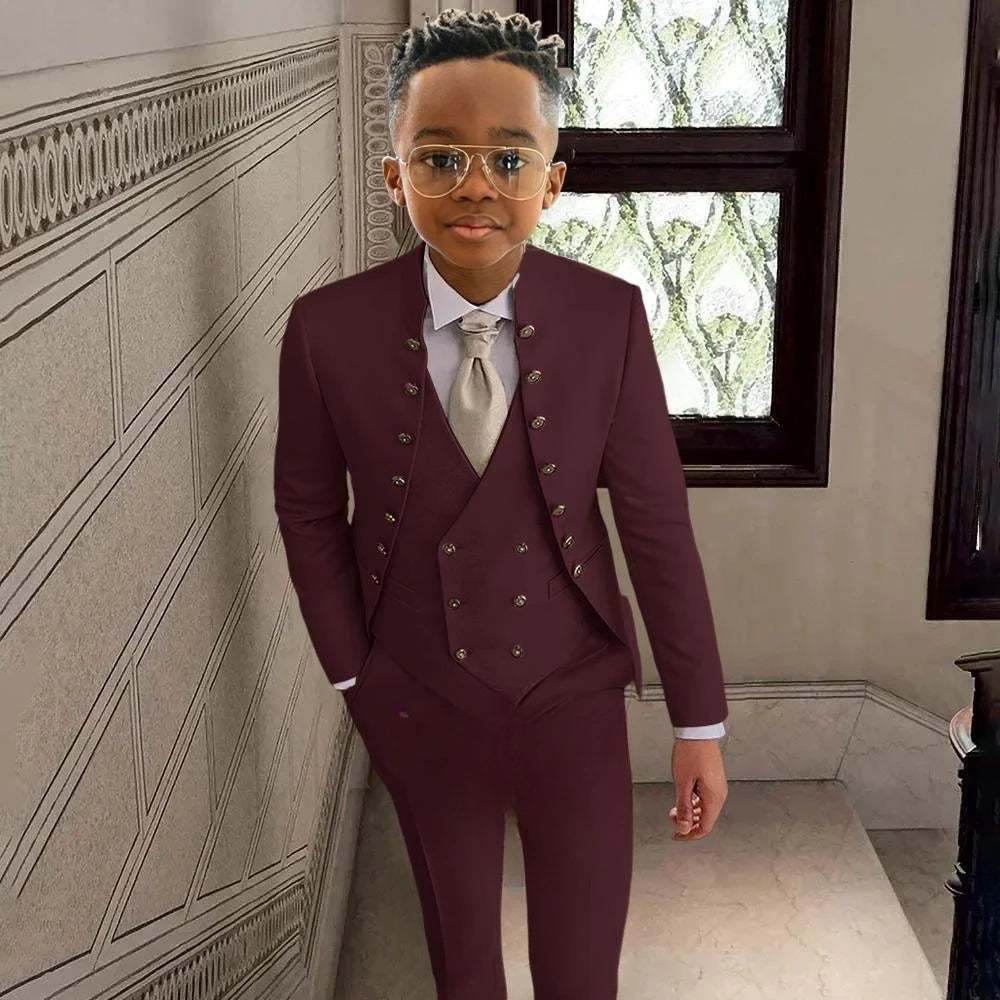 Fashionable Kids Stand-up Collar Suits 3 Pieces Jacket Vest Pants Performance Outfit Comfortable Boys Tuxedo Wedding Guest Wear