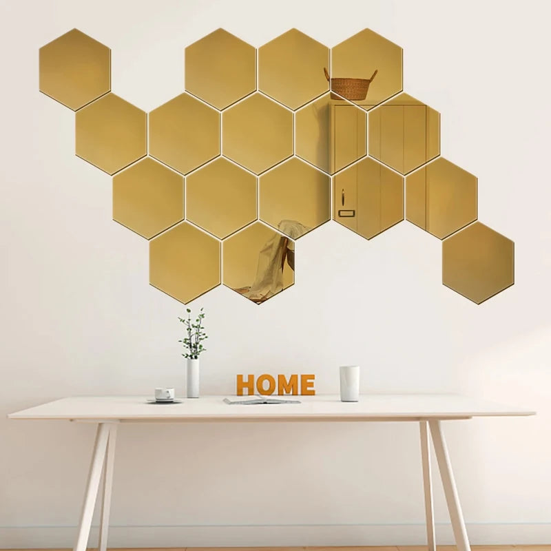 Hexagonal Mirror Wall Decals | Self-Adhesive 3D Acrylic Decorative Mirrors | Creative Wall Decals for Living Rooms and Bedrooms