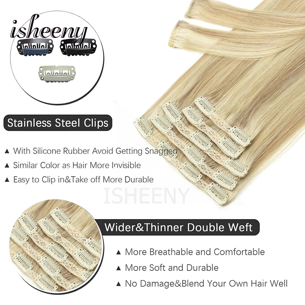 Extensions à Clips Cheveux Humains | Blonde Naturelle Brésilienne Remy | 12-20 Pouces | 7 Pièces/Set