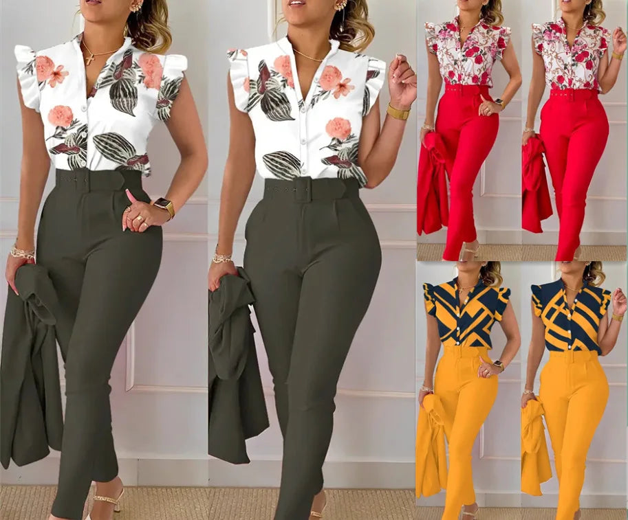 Women's Elegant Slim Two-Piece Sets Summer Fashion Print V Neck Button Flying Sleeve Shirt Top & Solid Long Pants Suits With Belt