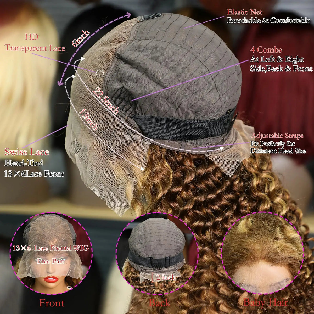 Perruque Deep Water Wave Highlight | Coloris 4/27 Miel Brun Ombré | 13x4 HD Lace Frontal | Cheveux Humains | Femme