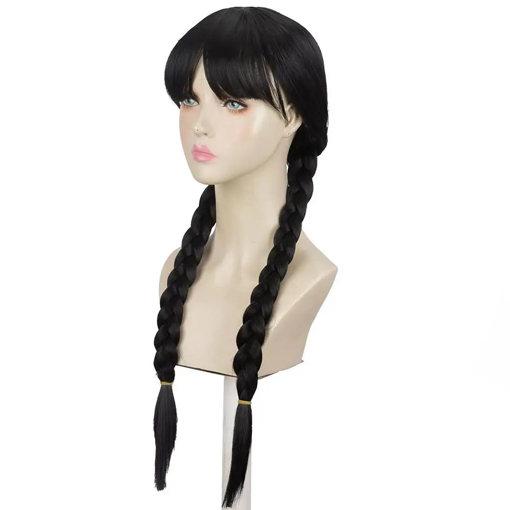 Double Ponytail Braided Wig For Wednesday Wigs Halloween Gothic Costume Braids Anime Double Black Synthetic Braided With Bangs