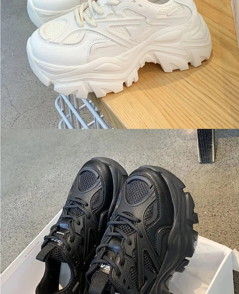 2024 New Summer Black Chunky Casual Sneakers Women New Fashion Platform Sport Shoes Mesh Leather Platform Shoes