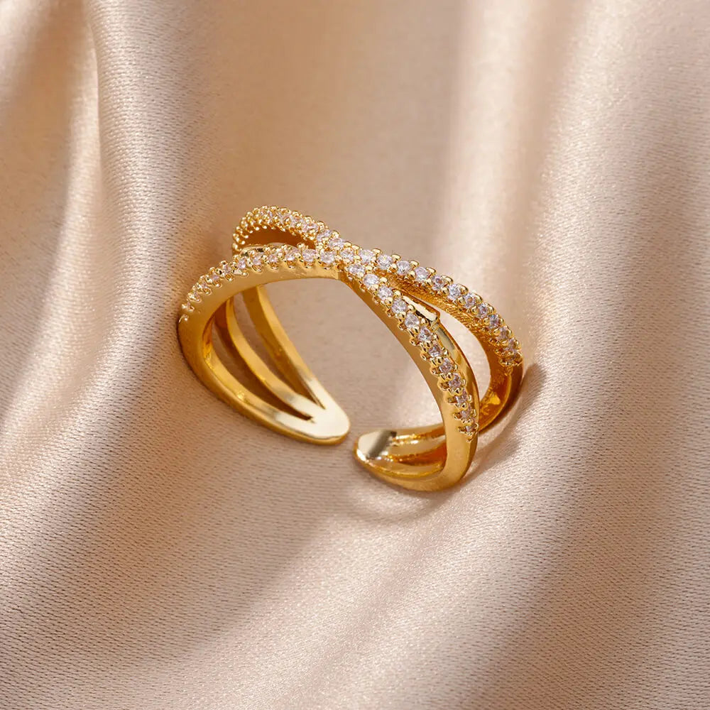 Bague Ceinture Zircon Acier Inoxydable | Doigt Géométrique Ajustable | Esthétique Mariage Femme