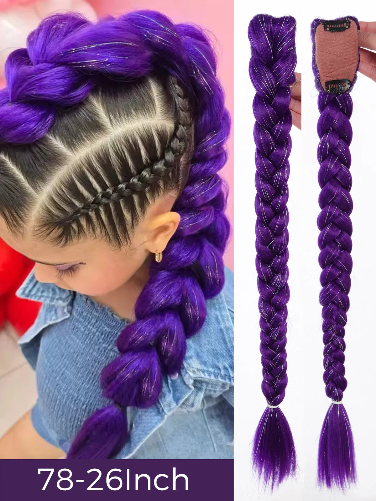 Queue de Cheval Tressée Violette | 32 Pouces | Tinsel Brillant | Extensions Super | Cosplay & Noël | Enfants & Filles