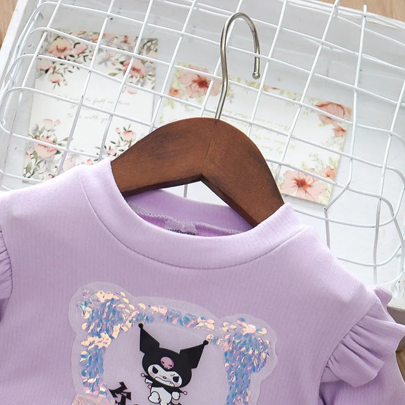 Fashion Girls Dress Spring Autumn Mesh Cartoon Kuromi Long Sleeve Princess Dresses for 2-6 Years Kids Birthday Party Costume
