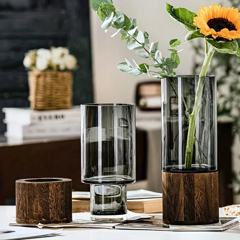 Vase Verre Élégant Base Bois | Plante Hydroponique | Arrangement Floral | Décor Bureau & Maison
