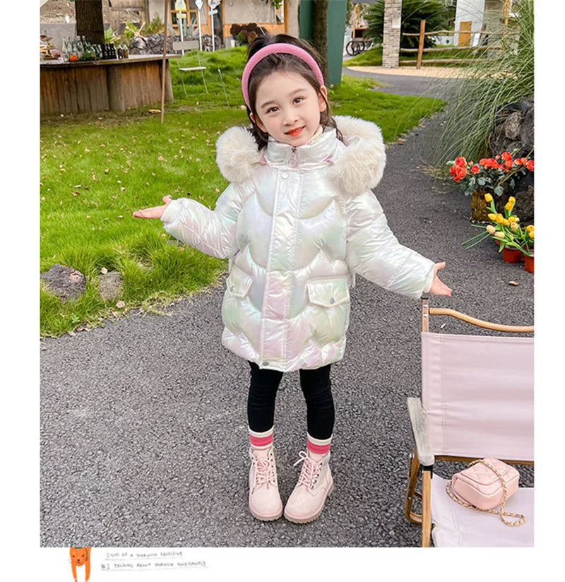 Doudoune Longue Fille Licorne | Imperméable Brillante | Col Fourrure Capuche | Parka Enfant Hiver