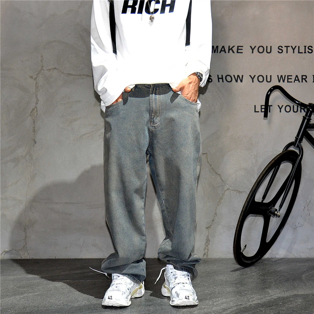 American Streetwear Baggy Jeans For Men's Clothing Vintage Distressed Gray Denim Pants Harajuku Casual Skateboard Pants Male