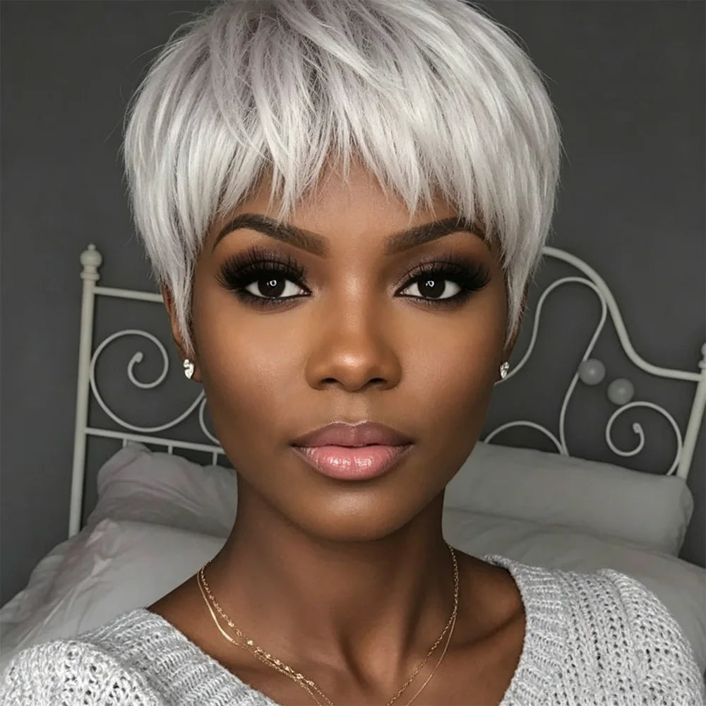 Silver Gray Textured Pixie Human Hair Wig, 100% Virgin Real Hair Short Layered Wig with Bangs Daily Wear Wig Machine Made