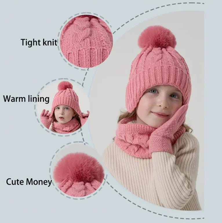 3pcs Kids Winter Warmth Set with Hat, Scarf & Gloves - Soft Pink &, Machine Washable, Polyester-Filled, Perfect for Outdoor