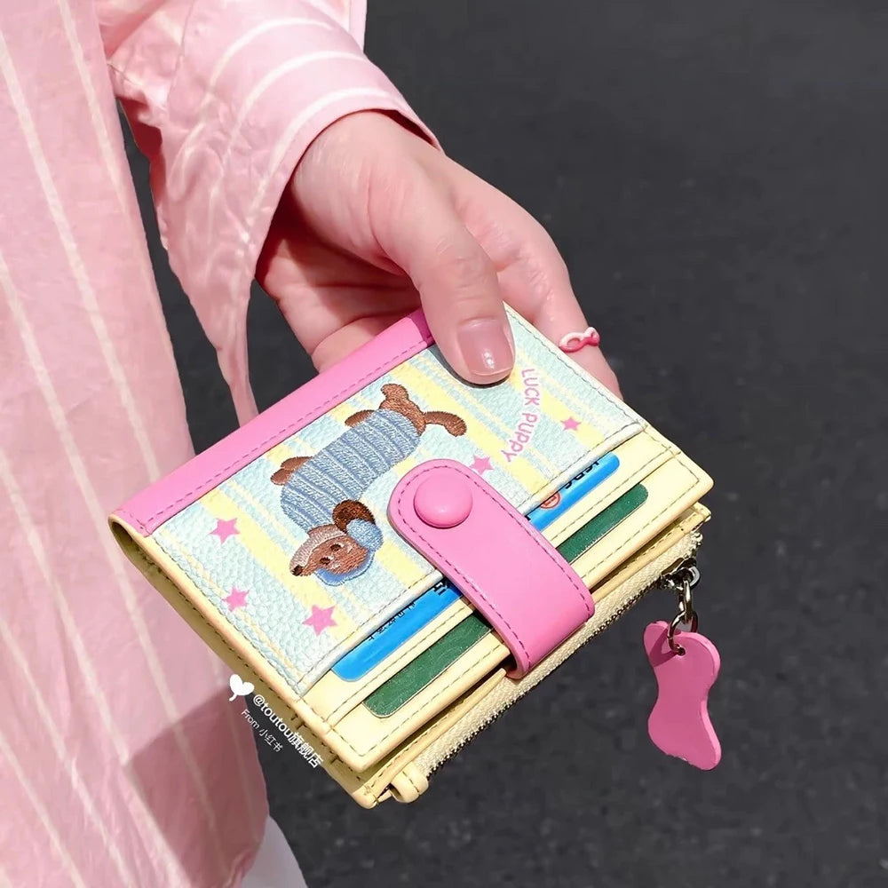 Women's Cute Cartoon Embroidered Sausage Dog Wallet Zipper Coin Purse Double Fold Card Holder Wallet Ultra Thin Leather Money Clip