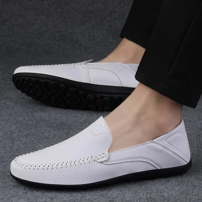 Mocassins Homme Mariage | Cuir Fendu Blanc | Chaussures Conduite Légères | Slip-On Casual Élégant 2026
