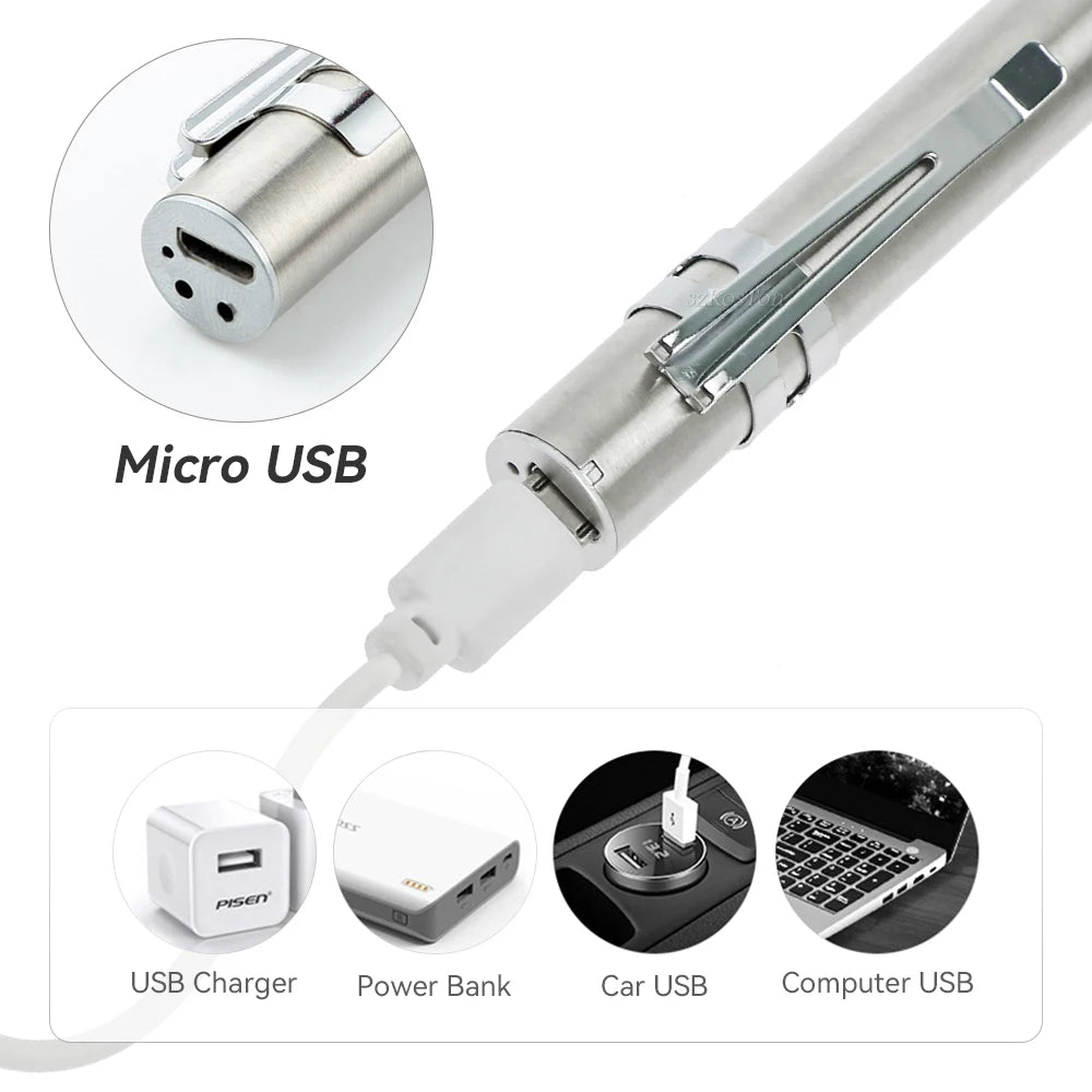USB Rechargeable Portable Pen Light Handy Mini Medical Flashlight LED Torch Lamp with Stainless Steel Clip Pocket LED Lights