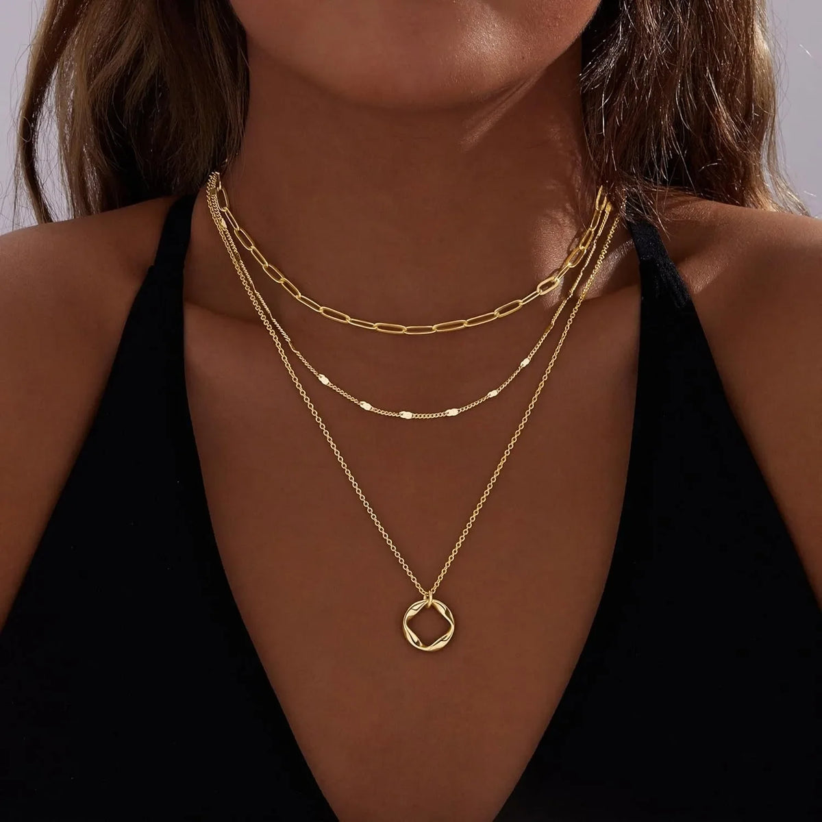 Layered 14k Gold Plated Necklaces for Women Stackable Silver Plated Circle Paperclip Chain Pendant Choker Necklace Set For Women