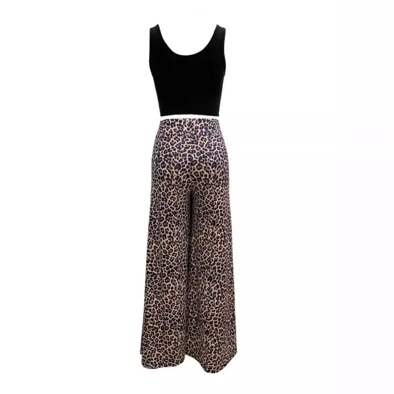 Ensemble 2 Pièces Femme Été 2024 | Top Crop Sans Manches Col Carré & Pantalon Large Léopard Poches