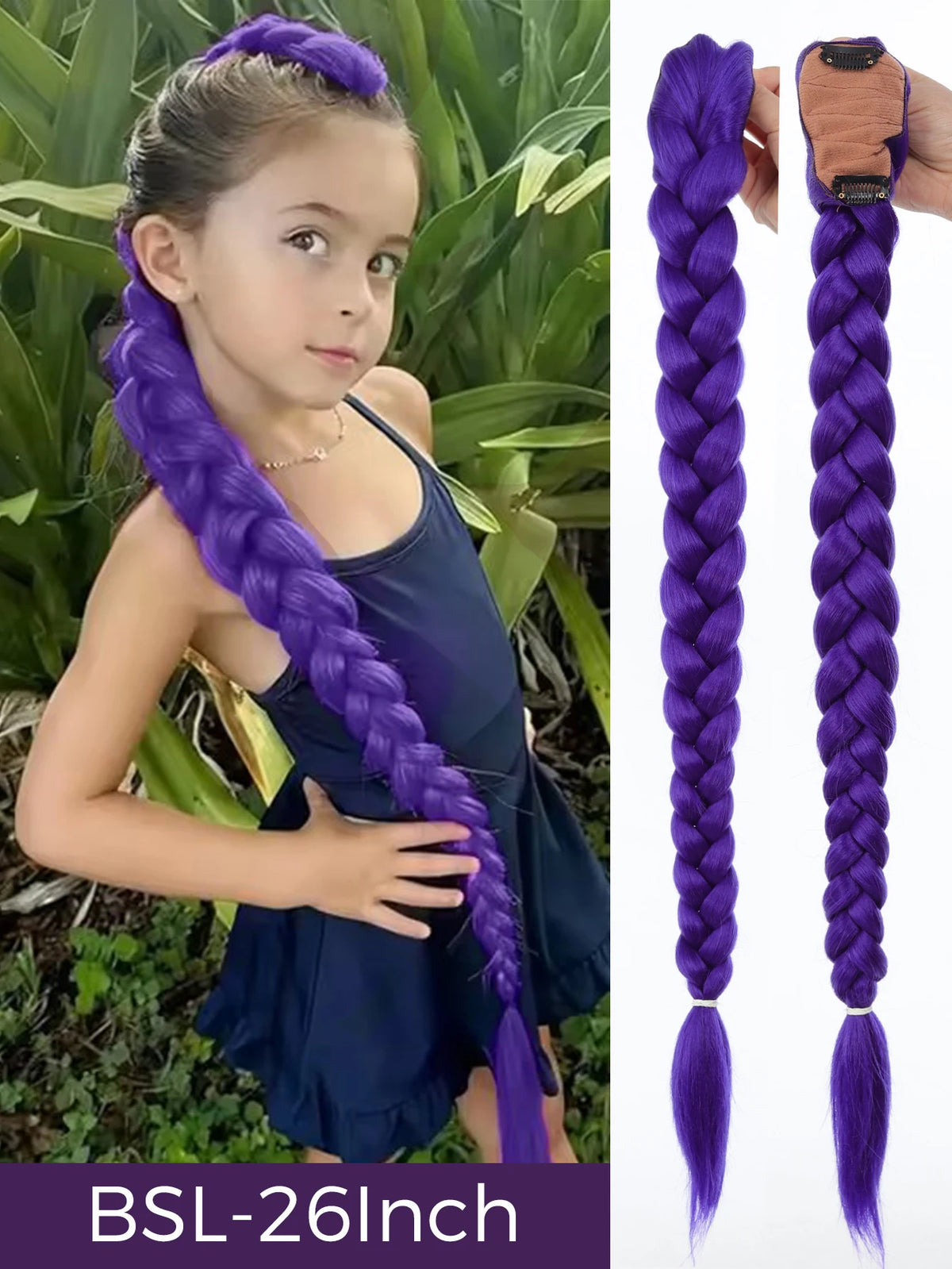 Queue de Cheval Tressée Violette | 32 Pouces | Tinsel Brillant | Extensions Super | Cosplay & Noël | Enfants & Filles