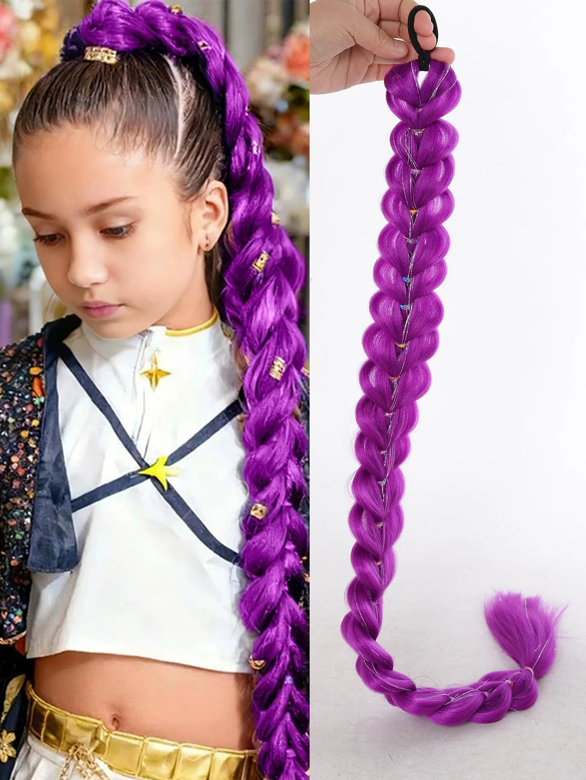 Queue de Cheval Tressée Violette | 32 Pouces | Tinsel Brillant | Extensions Super | Cosplay & Noël | Enfants & Filles