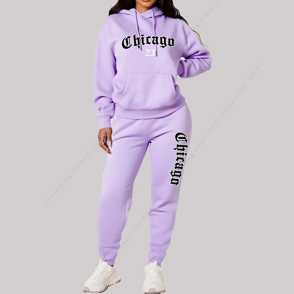 Jogging Femme 2 Pièces | Sweat Capuche & Pantalon | Imprimé Chicago Lettre | Grande Taille Rose
