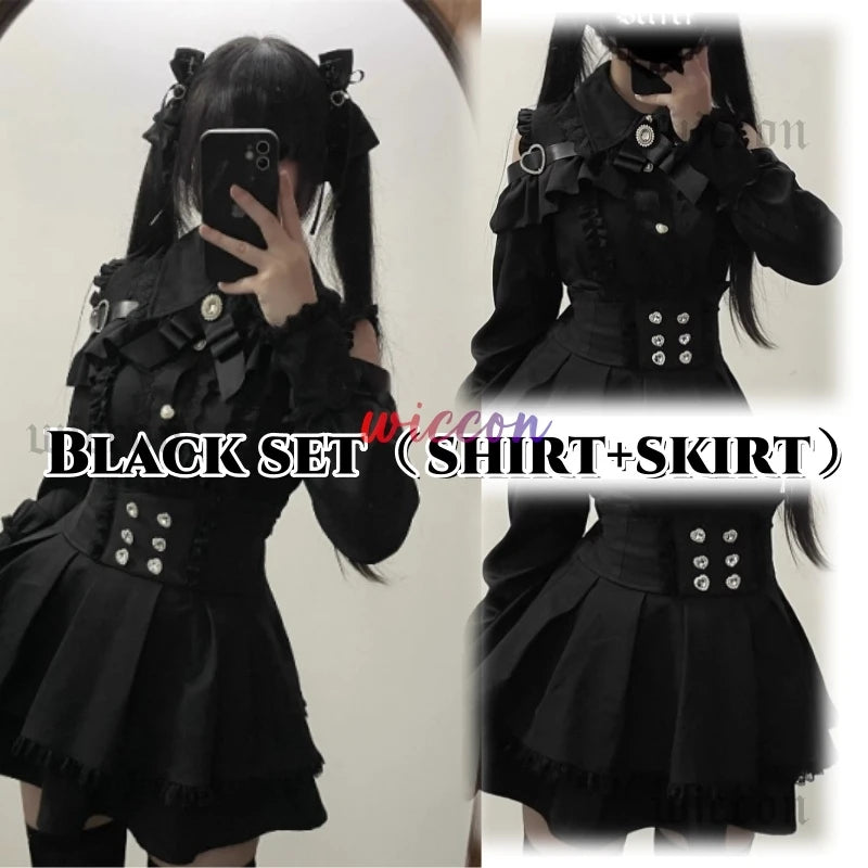 Jirai Kei Outfit Lolita Girls Shirt Skirt Set Women Kawaii Bow Long Sleeve Y2K Casual Aesthetic Shirt Japanese Style Women