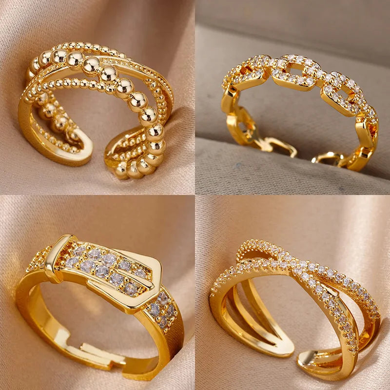 Bague Ceinture Zircon Acier Inoxydable | Doigt Géométrique Ajustable | Esthétique Mariage Femme