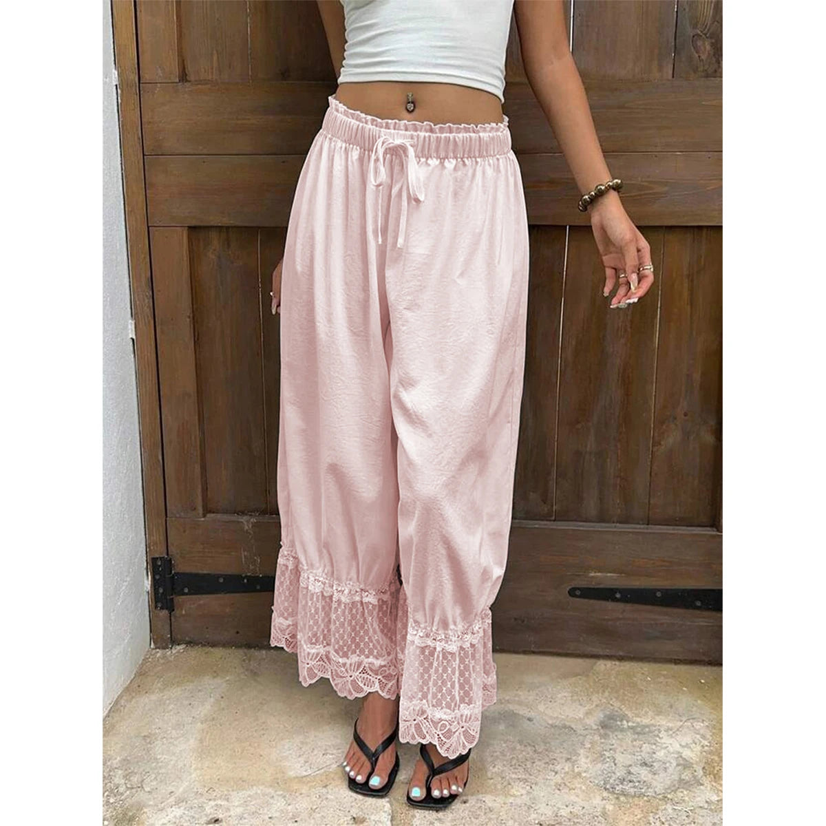 Women's Wide Leg Pants White Polyester Lace Trim Hem Casual Loose Fit Summer Trousers Wide Leg Pants