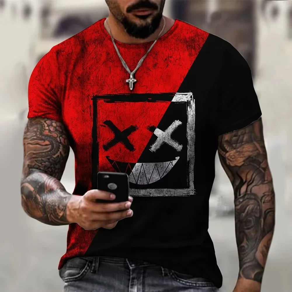2026 New Oversized T-Shirt for Men, Casual Short Sleeve Hip Hop Smiling Face Print, Plus Size Tee Shirt Pullover, Men's T-Shirt Top