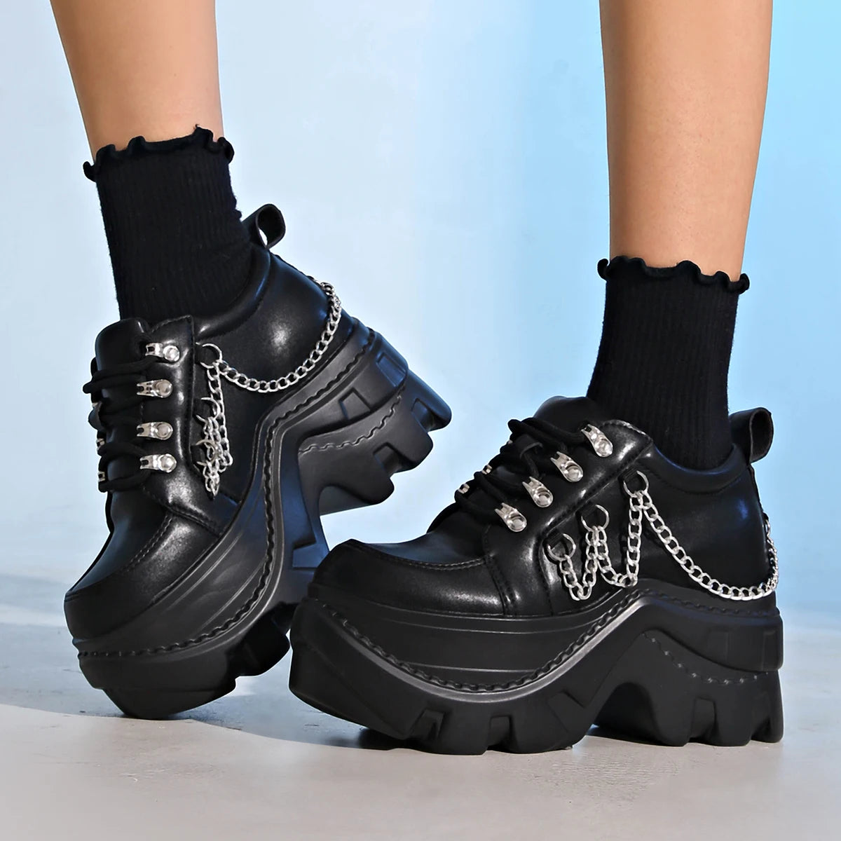 Sneakers Chunky Femme Gothique Punk | Décor Chaîne | Semelle Épaisse Antidérapante | Grande Taille