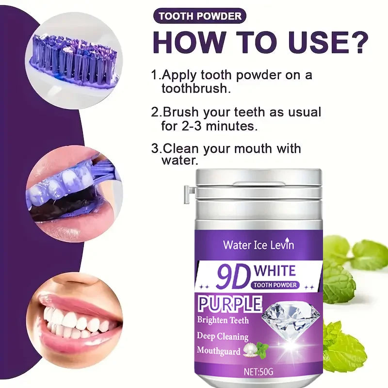 Poudre Dentaire 9D Formule Violette Brightening | Blanchit & Nettoie les Dents | Haleine Fraîche | 2-3 min/jour