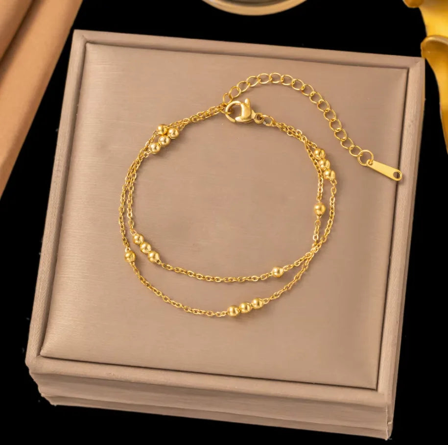 Bracelet Femme Plaqué Or | Double Rang Perles Rondes Rétro | Acier Inoxydable | Cadeau Anniversaire