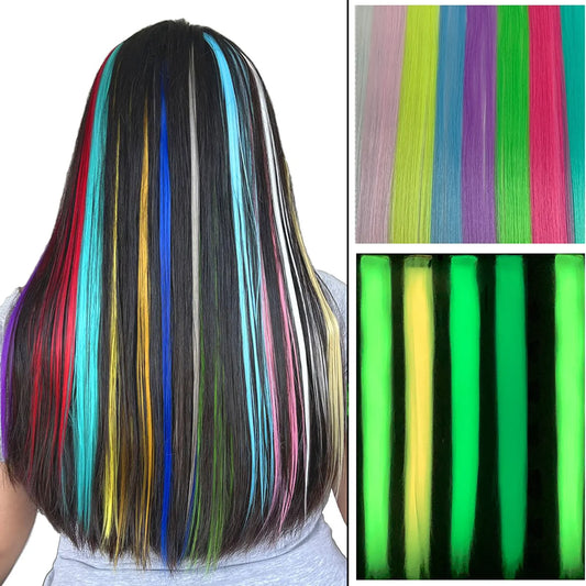 Colored Synthetic Hair Piece Glow in the Dark Clip Hair Extensions Colored Clip in Hair Extensions for Girls 5pc 20Inch