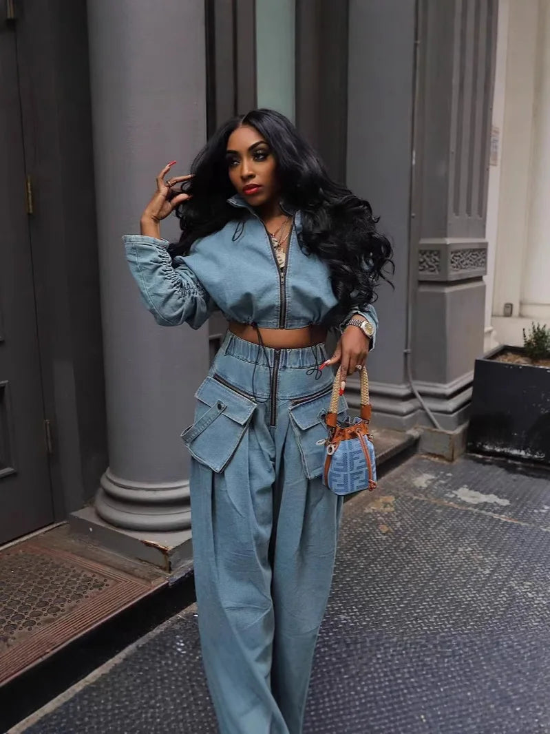 Ensemble Jean 2 Pièces Femme Vintage | Manteau & Pantalon Large Taille Haute | Fermeture Éclair | Streetwear
