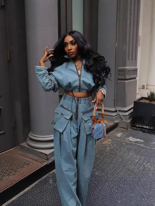 Ensemble Jean 2 Pièces Femme Vintage | Manteau & Pantalon Large Taille Haute | Fermeture Éclair | Streetwear