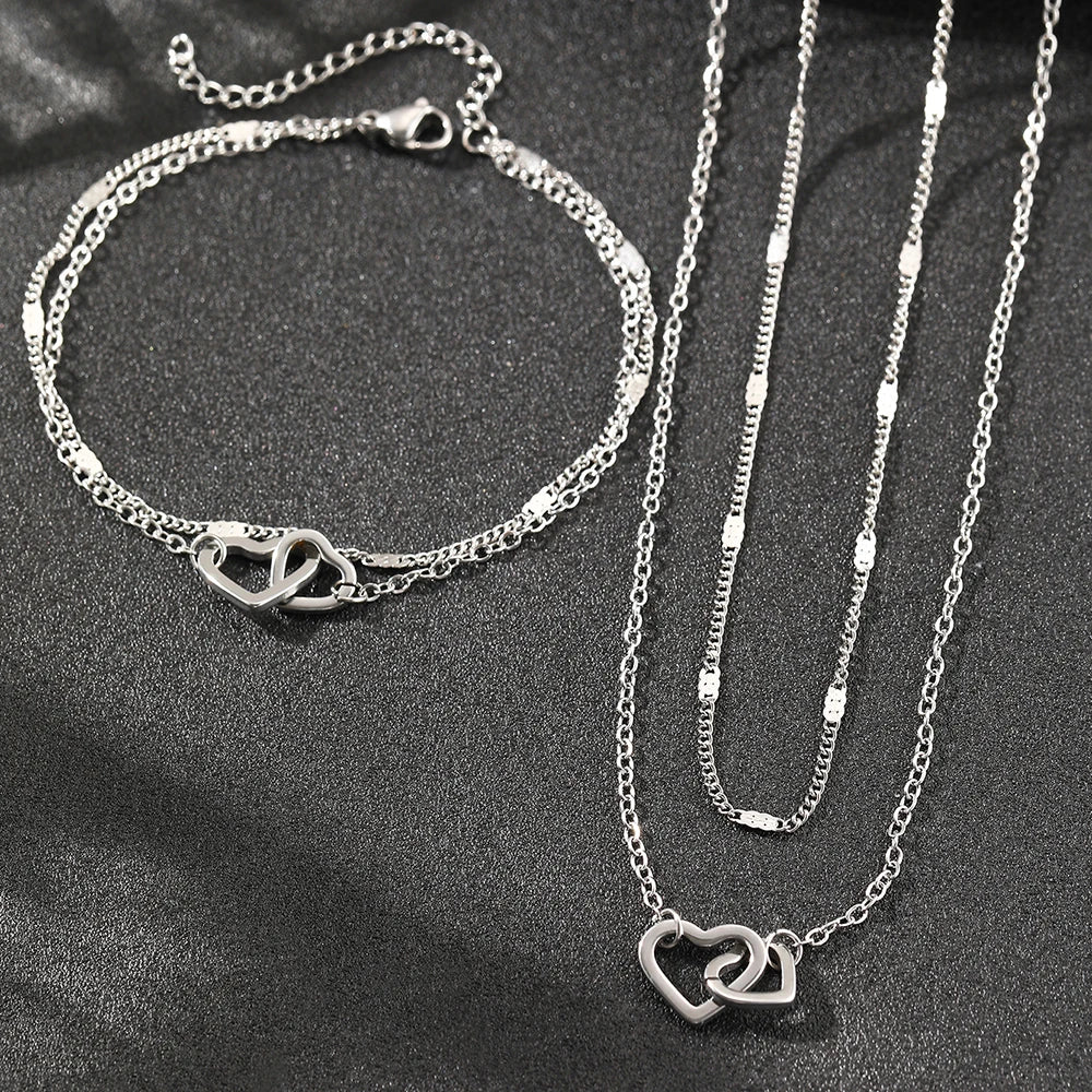 Stainless Steel Jewelry Sets High-end Atmosphere Love Bracelet Love Necklace Double Chain Design Jewelry Sets For Women Jewelry