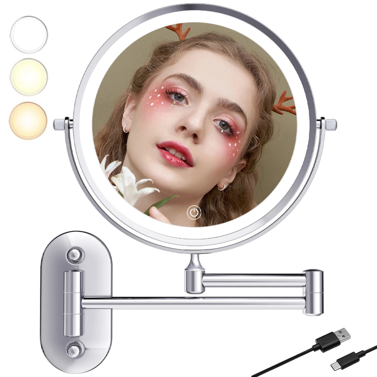 8" Wall Mounted Makeup Mirror With Lights, 10x Magnifying Mirror Wall Mount for Vanity, Bathroom and Shaving