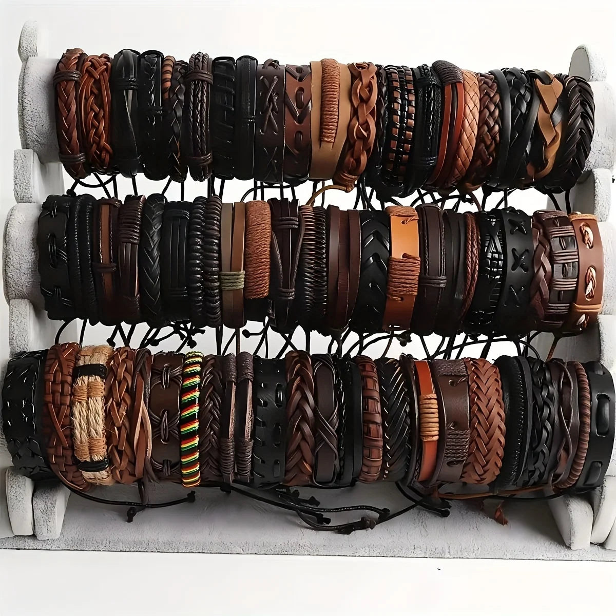 Lot 20 Bracelets Cuir Tressé | Perles Bois Chanvre Ethnique | Manchette Unisexe Fait Main