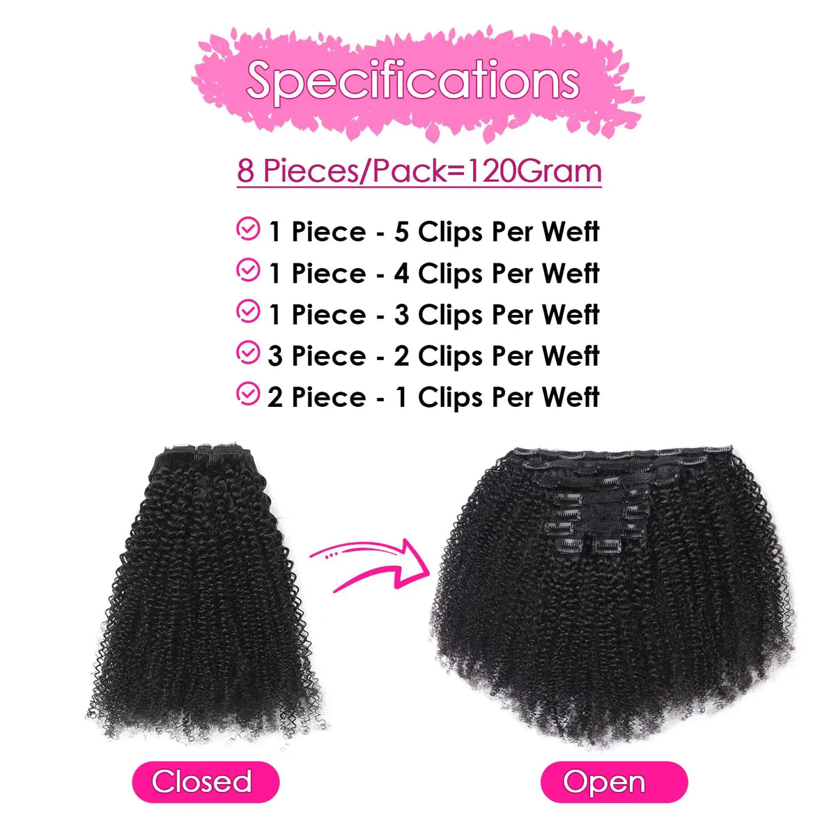 Extensions à Clips Afro Curly Kinky | 10-24 Pouces | 120g 8 Pièces | Cheveux Humains Remy | Volume Complet