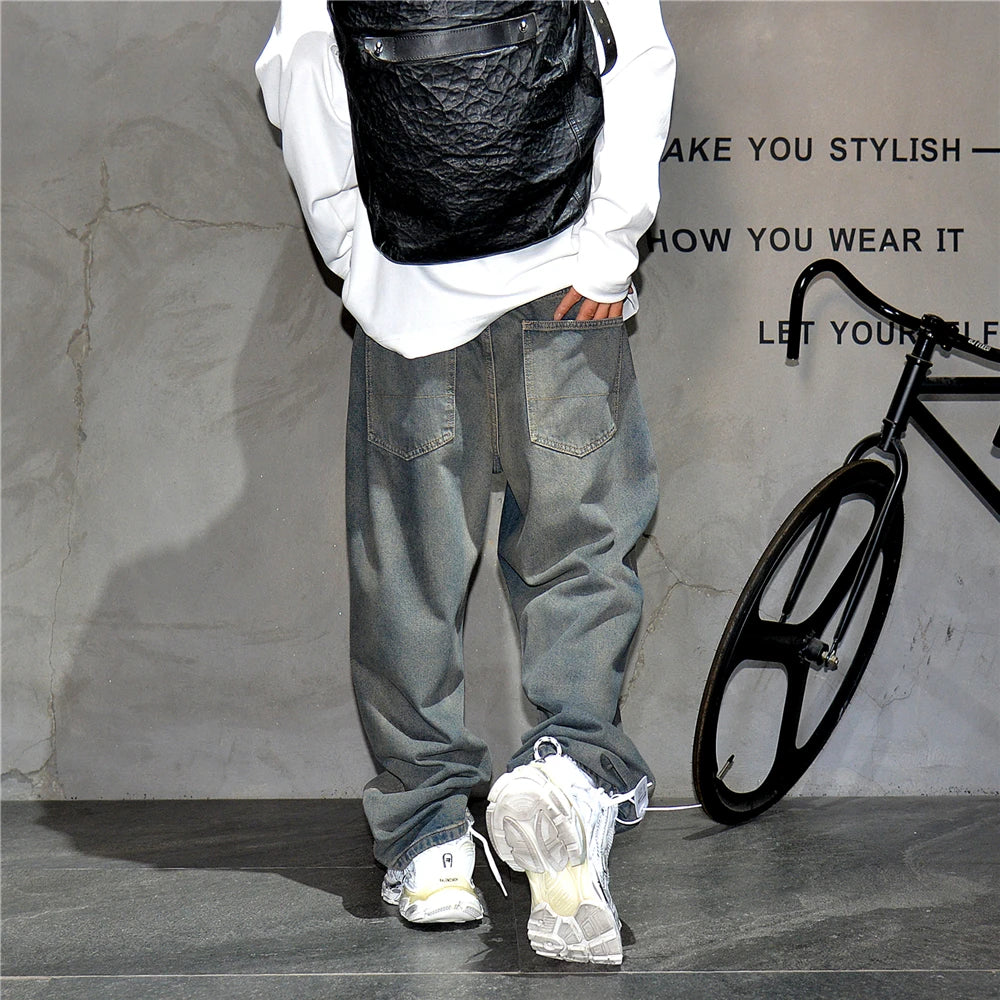 American Streetwear Baggy Jeans For Men's Clothing Vintage Distressed Gray Denim Pants Harajuku Casual Skateboard Pants Male